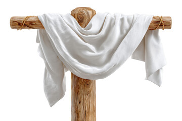 A draped fabric hangs elegantly over a rustic wooden pole, showcasing smooth texture and a soft appearance.