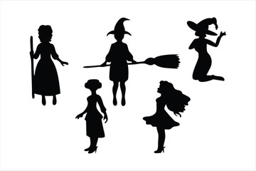 Witch Flying on Broomstick Silhouette - Halloween Bats Vector