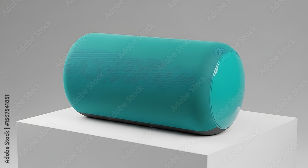 Poster modern cyan decorative object on a white cube in minimalist style with a gray background