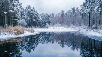 Frozen lake in a snowy winter forest.
