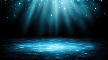 A spotlight illuminates a stage, casting a blue glow on the floor and creating a starry effect.