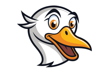 Happy white duck cartoon face with orange beak is looking forward joyfully