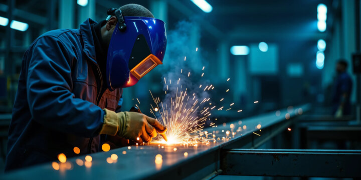 Close-up of industrial welder at work creating bright electric sparks while fusing metal in a modern fabrication workshop with protective gear, cinematic lighting, and intense manual precision