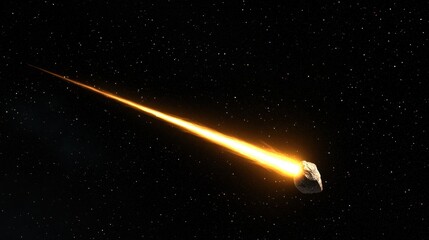 A meteorite streaks across the night sky, leaving a trail of fiery light.