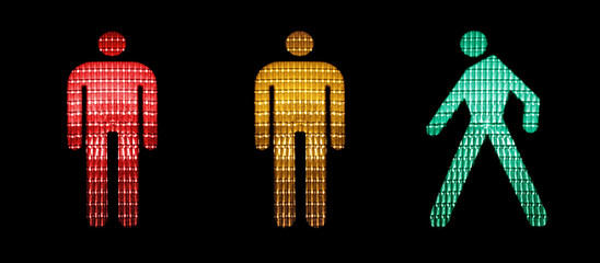 Red, yellow and green figures of a pedestrian traffic light with a black background.