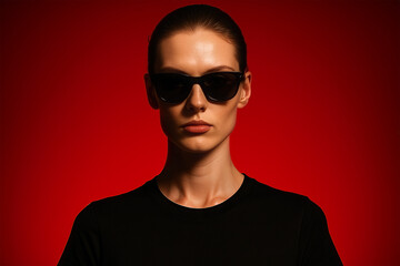 Striking fashion portrait of a confident model wearing sunglasses against a vibrant red backdrop