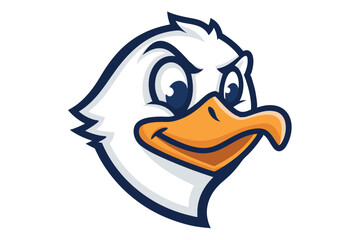 Smiling white eagle mascot head with navy outline shows friendly confidence against white backdrop
