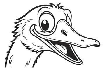 Outlined cartoonish duck showing a playful open mouth grin in black and white