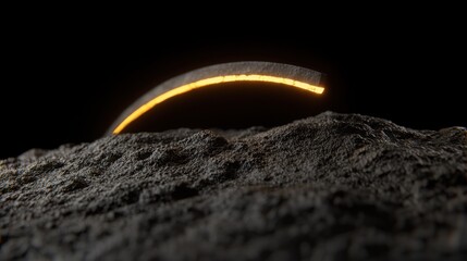 A fiery, glowing orb descends from the top left corner, casting a warm glow on the dark, rocky terrain below.