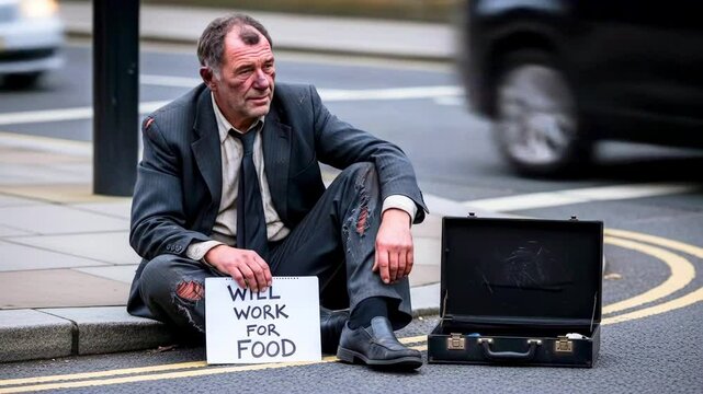 A homeless man sitting on the sidewalk holding a sign that reads 'WILL WORK FOR FOOD' in a city street