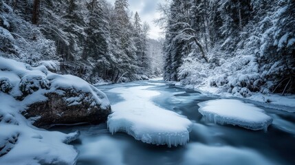 Winter wonderland landscape with icy river flowing through snowy forest.