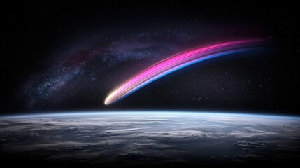 A comet with a pink, purple, and blue tail streaks across the night sky above the Earth.