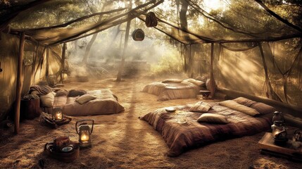 Rustic Forest Camp: Three Beds Under Canopy with Lanterns and Soft Light