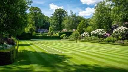 Lush Green Tennis Court Surrounded by Trees and Vibrant Blooms