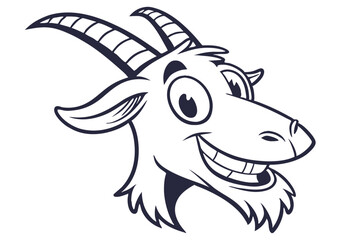 Smiling cartoon goat head with curved horns exudes a jovial expression and cheerful look