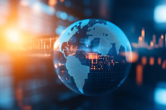 Digital globe with data points and glowing lines representing global connectivity and technology in a futuristic, high-tech environment.