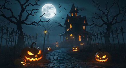 Eerie Halloween Night: Spooky Haunted House, Carved Pumpkins, and Graveyard Path under a Full Moon; Dark, Mysterious, and Festive 3D Render.