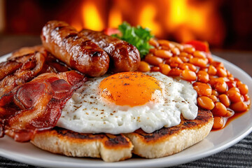 Close-up of Classic English Breakfast with Egg, Bacon, Sausage, and Baked Beans