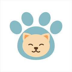 A cute flat style illustration of a smiling cat face centered within a large blue paw print. Perfect for pet themed designs or World Cat Day graphics.