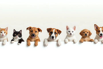 Row of cats and dogs hanging their paws over a white banner. Image sized to fit a popular social media timeline photo placeholder.