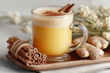 Ginger and Cinnamon Milk in a Glass Mug with Fresh Spices