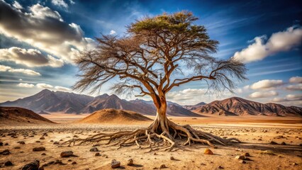 Desolate barren landscape with twisted tree roots and dry foliage scattered around the base of a lone tree