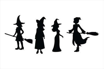 Witch Flying on Broomstick Silhouette - Halloween Bats Vector