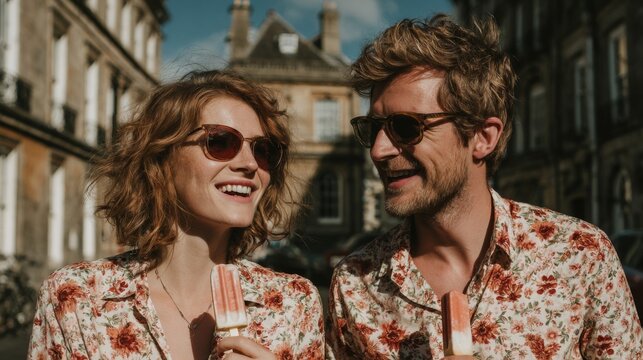 Smiling Couple Enjoying Ice Cream on Sunny City Street