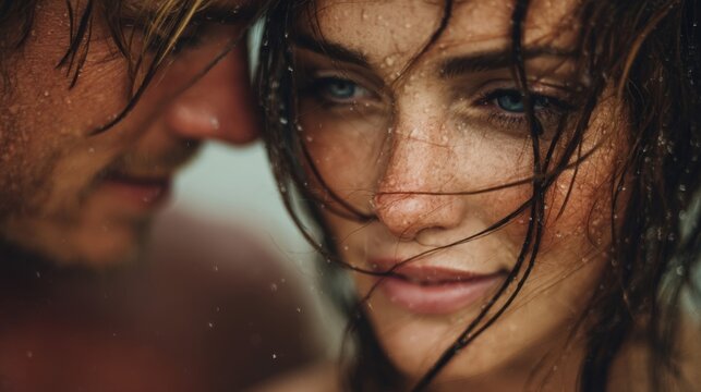 Close Up Romantic Portrait of Wet Couple