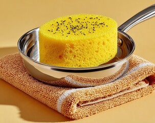 Stainless steel pot, cleaning cloth and yellow sponge on beige background