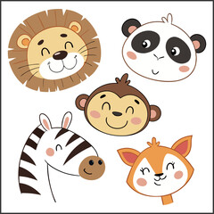 Cute doodle animal safari vector flat collection illustration