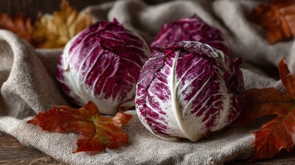 Fototapeta premium Red And White Radicchio On Linen With Autumn Leaves