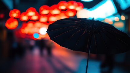Umbrella Silhouette Against Vibrant Bokeh Lights of a City Street at Night