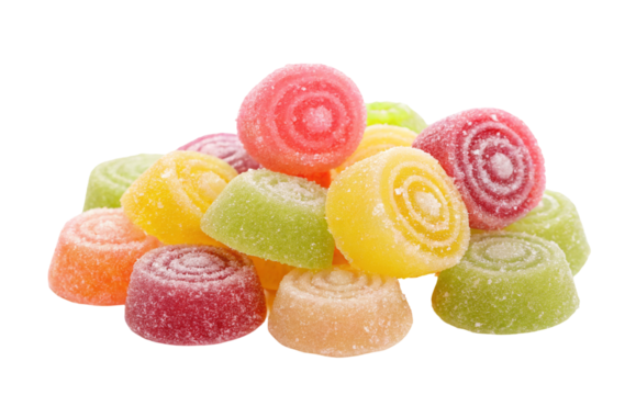 A pile of colorful jelly candies with a spiral design and a sugary coating on a black background
