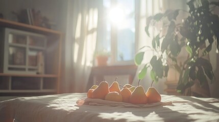 Golden Pears on Table, Soft Light, Cozy Interior, Still Life, Warm Tones.