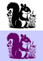 Forest Squirrel Silhouette with Wildflowers - Line Art Style