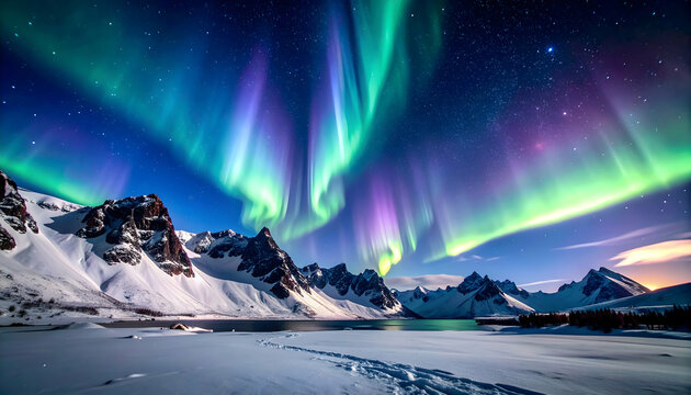 Aurora Borealis over snowy mountains. (4)