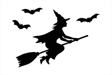 Witch Flying on Broomstick Silhouette - Halloween Bats Vector
