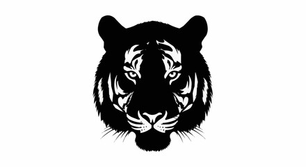 Tiger Head Silhouette Isolated on White Background, Wild Animal Face Vector Illustration