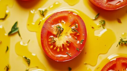 Fresh and vibrant sliced tomatoes glistening in bright yellow oil. A colorful addition to any dish. Perfect for salads or garnishes. Generative AI