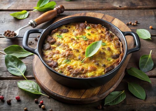 Oven-baked bobotie in cast iron dish with bay leaves