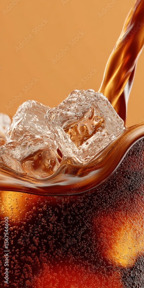 Poster refreshing cold soda beverage being poured over ice cubes with fizzy bubbles and caramel color in a 