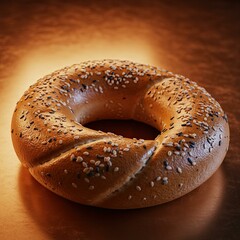 Close up view of a single baked multi seed bagel on a copper toned surface