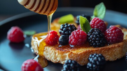 Delicious breakfast served on a black plate. Toast topped with fresh berries and honey drizzling down. A perfect morning treat to start your day right. Generative AI