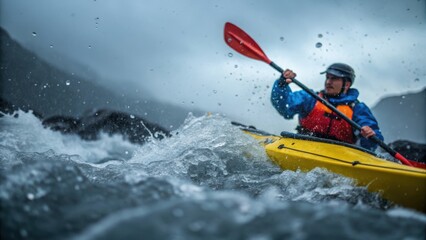 Obraz premium Man wearing life vest paddles yellow kayak through choppy water and spray