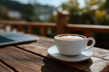 White Coffee Cup on Wooden Table Outdoors with Blurred Laptop in Background, Morning Sunlight