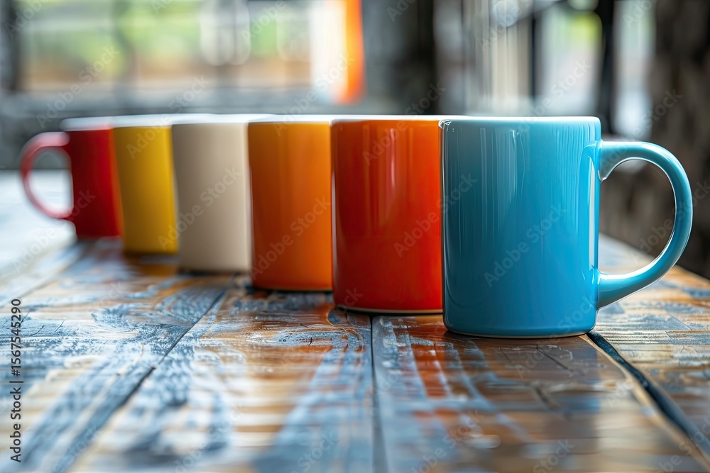 Poster high definition image of a row of coffee mugs with colorful mugs on a table