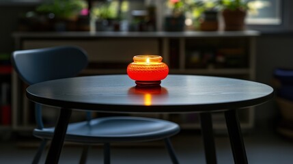 Glowing Candlelight: Warm Amber Candle on Dark Wooden Table, Soft Interior Lighting