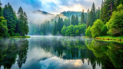 Fototapeta premium A serene lake surrounded by lush greenery and tall trees with a misty fog rolling in slowly