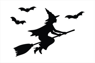 Fototapeta premium Witch Flying on Broomstick Silhouette - Halloween Bats Vector